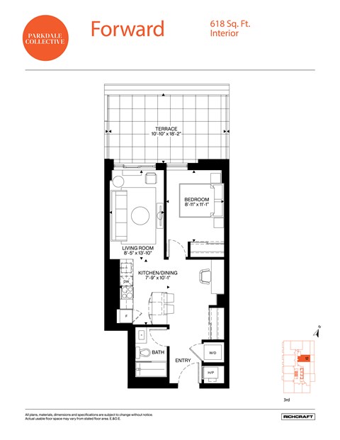 Floor plan for 1 bed, 1 bath, 618 sqft